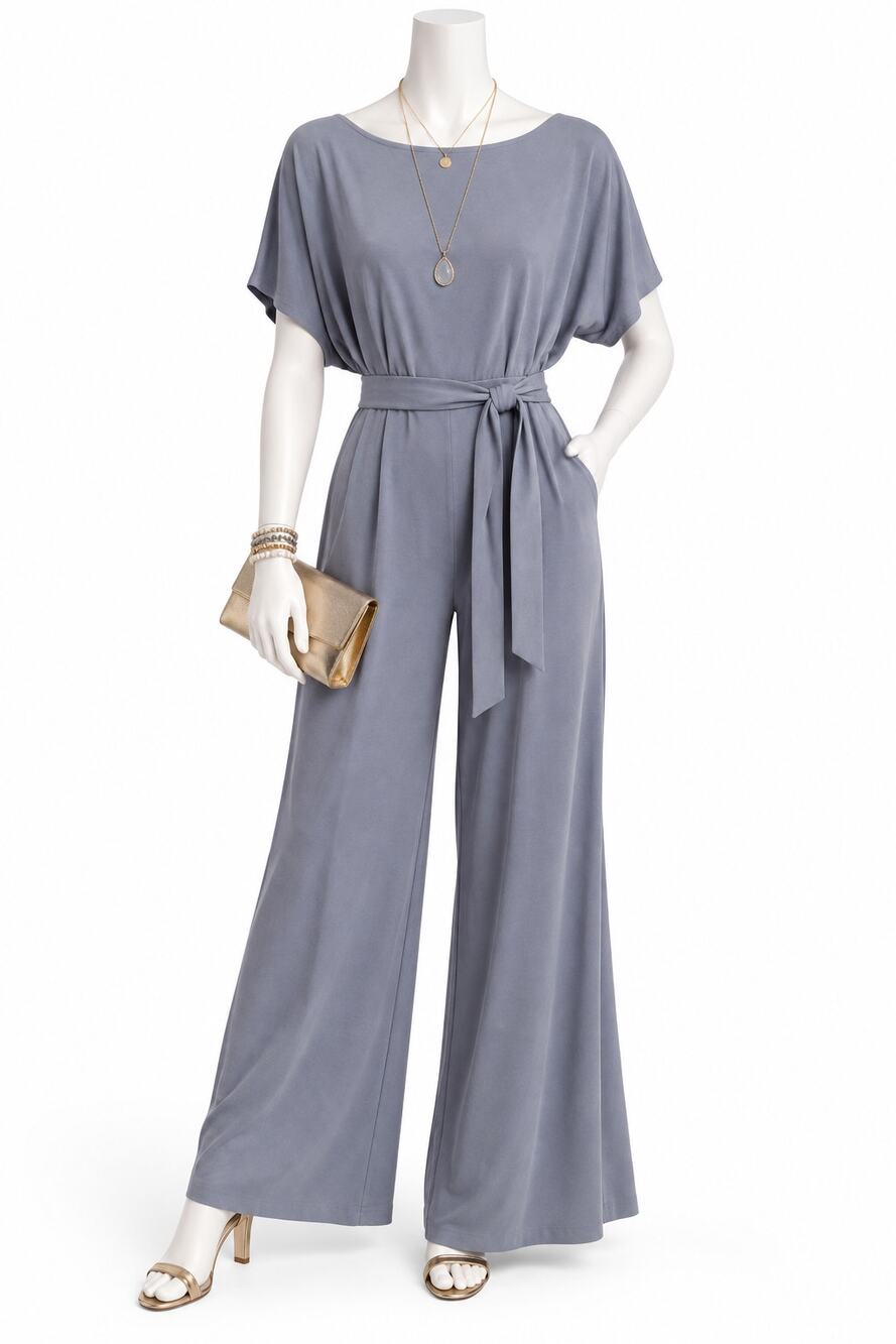 Periwinkle Blue Belted Wide Leg Jumpsuit Dolman Sleeve Side Zip Womens Small